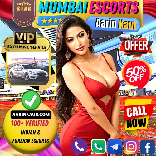 Banner image of Aarin Kaur Mumbai Top Rated VIP Escorts Elite Godl Members Deals and offers. Posing in the Banner a Top rated Aarin Kaur VIP Escorts Girl in the background Busy Mumbai business street. A text reads in the banner, 100+ Verified Indian & Foreign Escorts. Icon Display 5 Star Star, Best Offers, 50% offer, Gold VIP Exclusive Service of Airport Pickup and Drop to Luxury Hotels. Verified Accounts. Book an Elite VIP Indian and foreign escorts  via Call, WhatsApp, Telegram, Instagram and Facebook.
