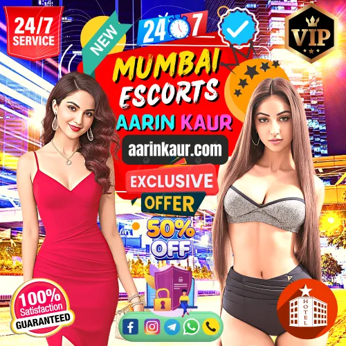 Mobile and Tablet Header Banner Image of Aarin Kaur Mumbai Escorts Services. Depicting 2 Top Rated Aarin Kaur Escorts Girls in a busy Mumbai Street in the evening. Also Mention exclusive Offers, 50% Off, 24/7 Services, Verified Profile, 100% satisfaction Guaranteed, VIP Services and 4/5 Star Hotels in Mumbai. Just Call to book now. Also available for booking via Whatsapp, Instagram, Telegram and Facebook.